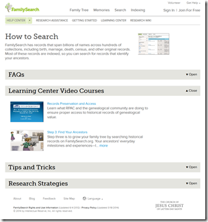 FamilySearch help page with Learning Center section expanded
