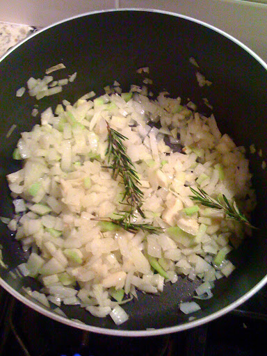 First I sauteed a chopped onion, a chopped kohlrabi, six smashed garlic cloves and a few sprigs of rosemary in olive oil with salt and pepper. (Instead of the kohlrabi you could use whatever root vegetable you had on hand - turnips and carrots would both be great.) First I sauteed a chopped onion, a chopped kohlrabi, six smashed garlic cloves and a few sprigs of rosemary in olive oil with salt and pepper. (Instead of the kohlrabi you could use whatever root vegetable you had on hand - turnips and carrots would both be great.)