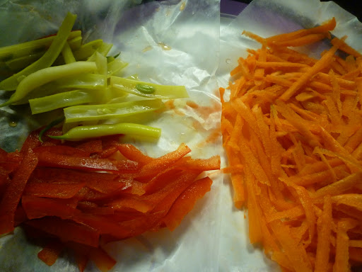 Carrots, red bell peppers, and wax beans.