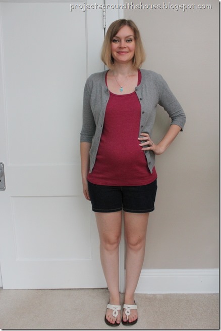 pink shirt, gray cardigan, shorts pink shirt, gray cardigan, shorts