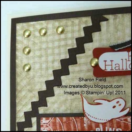 sweet centers, halloween, card, technique, grunge, stripes, drag technique, KISS technique, splitcoaststampers, sharon_Field, timeless_trim, big_Shot, die_Cut, punches, brads