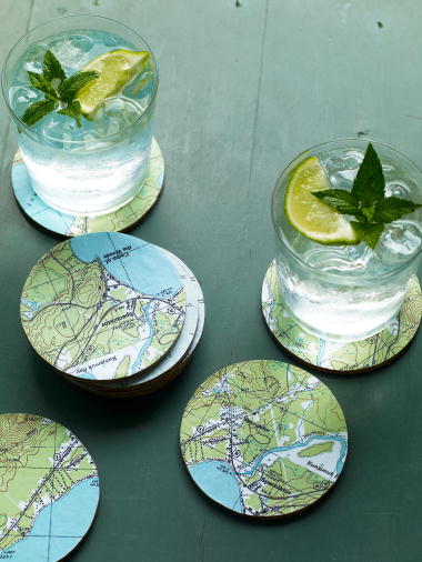 Maps can be transformed into playful coasters. (Martha Stewart Living, August 2009)