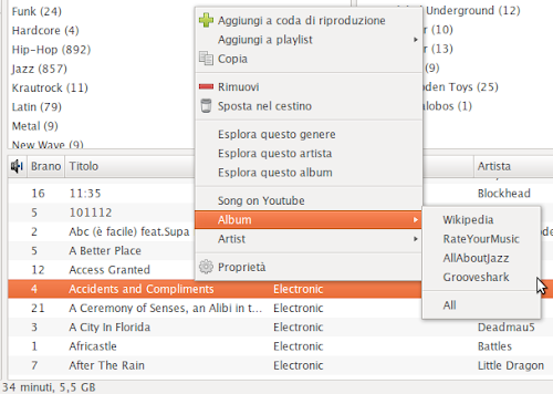 Rhythmbox Web Menu 2.2 su Ubuntu - menu contestuale