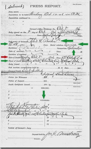 BOWDEN_Robert L_Coroner Case Report_Oct 1906_page 1_McKeesRocksPA_annotated
