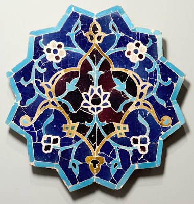 Tile Los Angeles County Museum of Art | Origin: Greater Iran | Period: 15th century | Collection: The Madina Collection of Islamic Art, gift of Camilla Chandler Frost (M.2002.1.19) | Type: Ceramic; Architectural element, Fritware, glazed, cut to shape and assembled as mosaic, Diameter: 23 1/2 in. (59.69 cm); Depth: 1 1/2 in. (3.81 cm)
