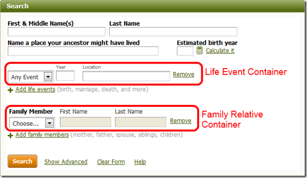 The Ancestry.com simple search form