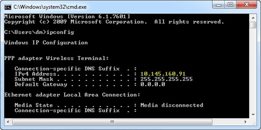 Info private IP address di program Command Prompt Windows