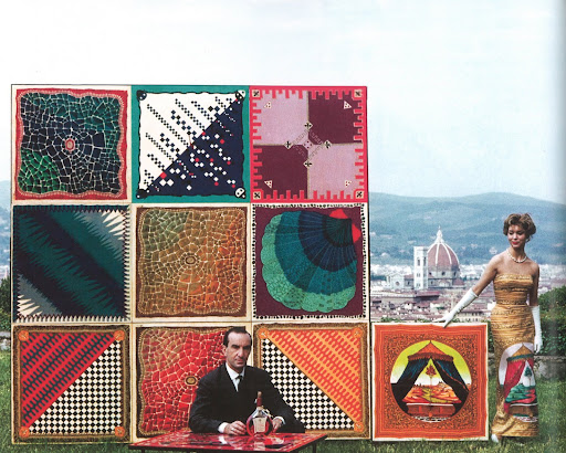 Here, Marquis Pucci is seated in front of an outstanding collection of his scarves in Belvedere, Florence, 1959. Here, Marquis Pucci is seated in front of an outstanding collection of his scarves in Belvedere, Florence, 1959.