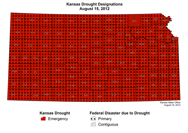 Kansas drought designations, 15 August 2012. Every county in the state is in a 'drought emergency'. Graphic: Kansas Water Office