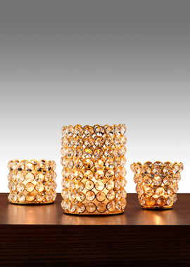 Crystal bead gold tea lights and votive holders from Jamali Gardens.