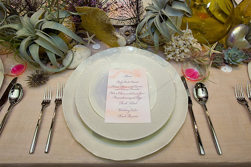 setting were sea glasslike ABC Home purple dessert plates and chargers setting were sea glasslike ABC Home purple dessert plates and chargers