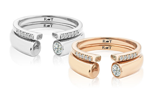 From the WED collection, these asymmetrical solitaire and diamond band sets are fashioned to cross boundaries from tradition to non-traditional. The 14K gold rings available in white, yellow or rose gold. From the WED collection, these asymmetrical solitaire and diamond band sets are fashioned to cross boundaries from tradition to non-traditional. The 14K gold rings available in white, yellow or rose gold.