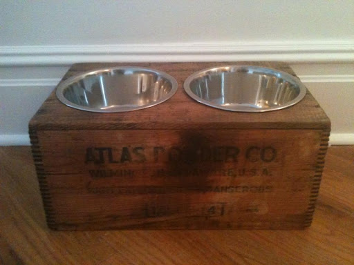 We turned an old flea-market crate into an elevated dog feeder by cutting out two holes for bowls.
