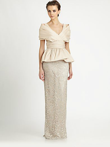 For a more traditional look with a modern touch, this structured bodice with a peplum and an obi waistband from Badgley Mischka is sure to suit your mother or his. For a more traditional look with a modern touch, this structured bodice with a peplum and an obi waistband from Badgley Mischka is sure to suit your mother or his.