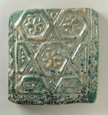 Tile | Origin: Iran | Period: 12th-13th century (?) | Collection: The Madina Collection of Islamic Art, gift of Camilla Chandler Frost (M.2002.1.287) | Type: Ceramic; Architectural element, Earthenware, molded and glazed, 7 1/4 x 7 1/4 in. (18.41 x 18.41 cm)