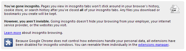 Chrome 33 new Incognito landing page text