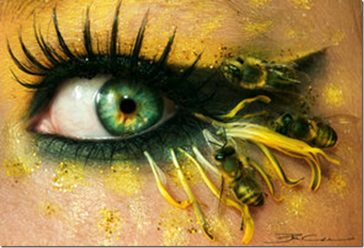 Мейк-ап от PixieCold красота,красивый макияж для глаз,зелёные контактные линзы,длинные ресеицы,накладные ресницы, пчела,оса,подсолнух,глаза картинки