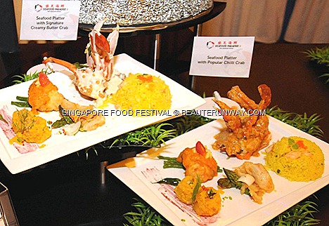 Singapore Food Festival 2012 Food Village Seafood Paradise Platter consisting of Seafood Paradise’s Popular Chilli Crab Signature Creamy Butter Crab Stir-fried Live Geoduck Asparagus in XO Sauce, Crisp-fried Prawns