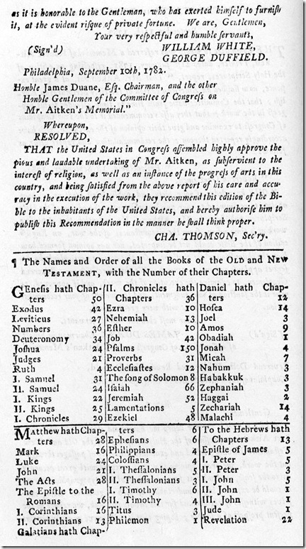 endorsement by Congress was printed in the Aitken Bible 9-12-1782