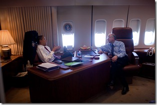 President Barack Obama meets with Interior Secretary Ken Salazar aboard Air Force One during a flight to Denver, Colorado 2/17/09. <br />Official White House Photo by Pete Souza <br />
