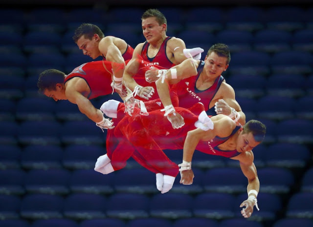 Jonathan Horton of the U.S. attends a gymnastics training session at the O2 Arena before the start of the London 2012 Olympic Games in London July 25, 2012. This photo was taken using multiple exposures .    REUTERS/Mike Blake (BRITAIN  - Tags: SPORT OLYMPICS SPORT GYMNASTICS TPX IMAGES OF THE DAY)   ORG XMIT: OLY264