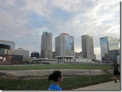 passing large building banner during race