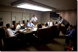 President Barack Obama is seen at a meeting with his staff April 5, 2009, aboard Air Force One  on a flight from Prague, Czech Republic en route to Ankara, Turkey. Official White House Photo by Pete Souza