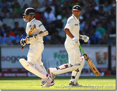 Rahul Dravid and Sachin Tendulkar of India run between wickets during day two of the First Test match between Australia and India at Melbourne Cricket Ground