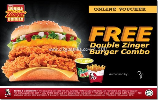 Coupon Kupon free Voucher PERCUMA KFC Double Zinger Burger Combo Coupon Kupon free Voucher PERCUMA KFC Double Zinger Burger Combo