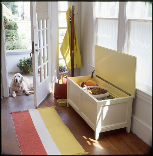 A flip top storage bench in an entryway or mudroom is the perfect place for storing pet food and supplies plus it give you a place to sit when putting on and taking off shoes. A flip top storage bench in an entryway or mudroom is the perfect place for storing pet food and supplies plus it give you a place to sit when putting on and taking off shoes.