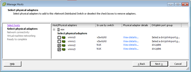 VMware Networking - Hosts connected to vDS - Select physical adapters