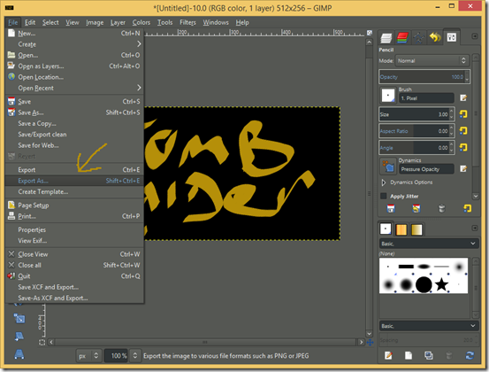 GIMP screenshot showing File>Export As... GIMP screenshot showing File>Export As...
