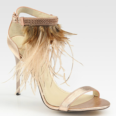 B Brian Atwood Metallic Leather and Feather Embellished Sandals, $350, Saks.com