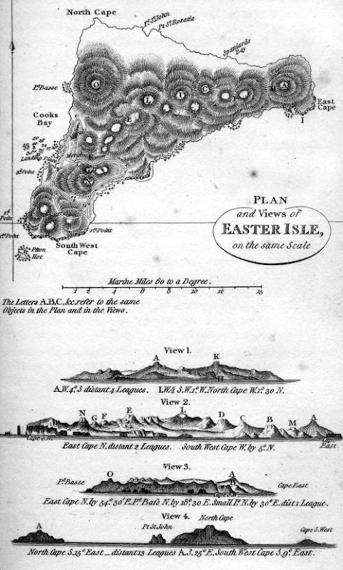 План и виды острова Пасхи (“Plan and Views of Easter Isle, on the Same Scale.”) из 2-го тома книги Лаперуза  (La Pérouse’s The Voyage of La Pérouse Round the World, in the Years 1785, 1786, 1787, and 1788 . . . - London, 1798)