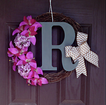 spring wreath, chevron bow, pink flowers, purple flowers. 