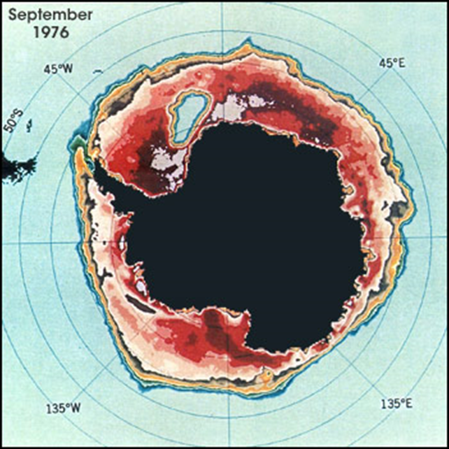 Satellite imagery allowed scientists to find an ice-free area in the Weddell Sea (upper left quadrant) in the Antarctic winters of 1974 through 1976. Photo: Claire Parkinson / NASA GSFC