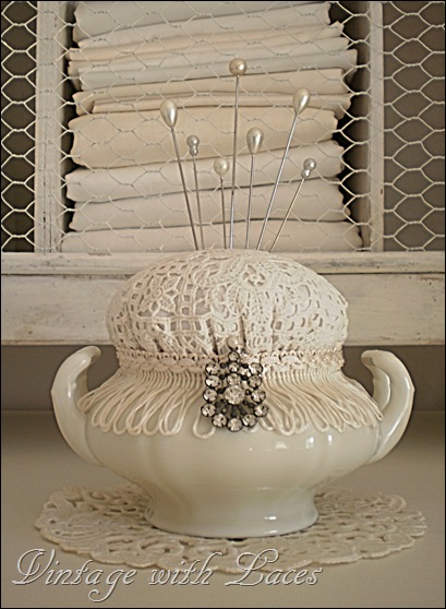 Sugar bowl repurposed into pincushion by Vintage with Laces Sugar bowl repurposed into pincushion by Vintage with Laces
