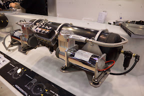 eXo Mount AMP-2 display with an AccuAir 5 Gallon Black Tank, VU4 Valves, and ViAir 400C Compressors