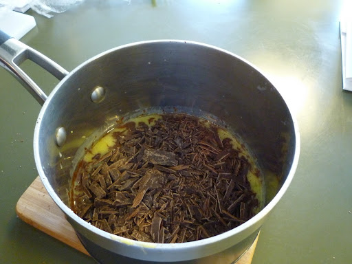 Chopped chocolate added to the saucepan