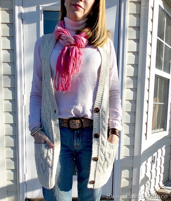 Pink Turtleneck and scarf with sweater vest and jeans2