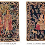 Gobeliny przedstawiające obrazki z życia dworskiego średniowiecznej Francji.
