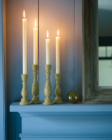 Dress up plain candlesticks by dusting them with glitter. We chose a soft shade of green glitter for these candlesticks. Dress up plain candlesticks by dusting them with glitter. We chose a soft shade of green glitter for these candlesticks.