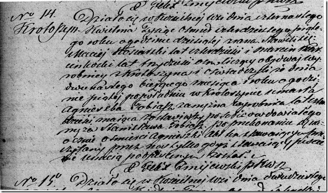 Death of Agnieszka Tobiasz - 12 Apr 1845 - No 14 - Koscielna Wies Parish