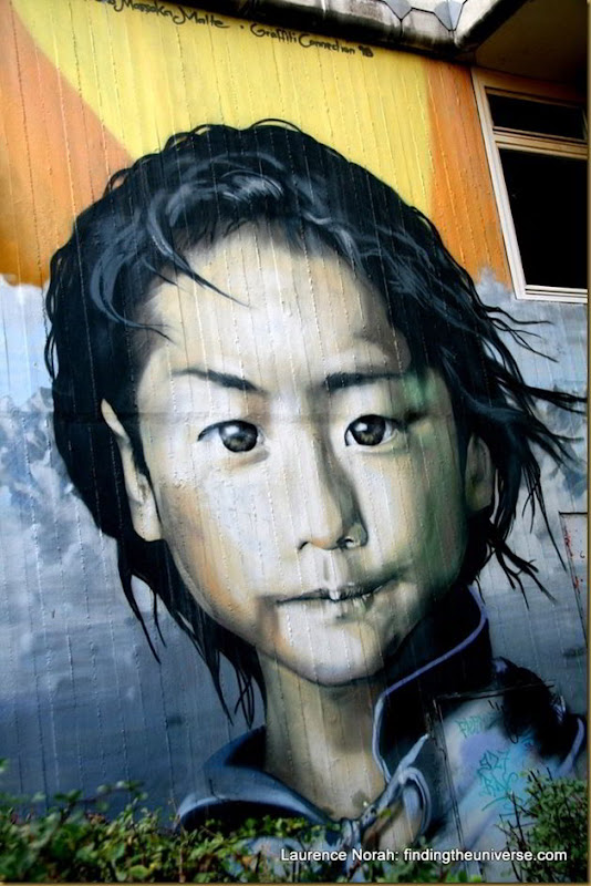 Boy on wall, part of fifty faces mural, Berlin, Germany