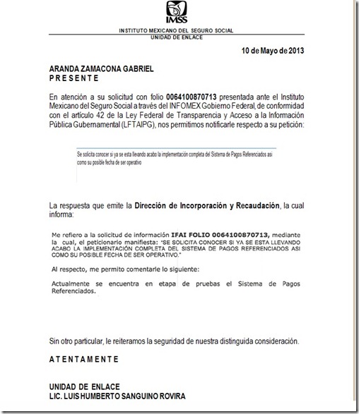 RESPUESTA OFICIAL SIPARE imss