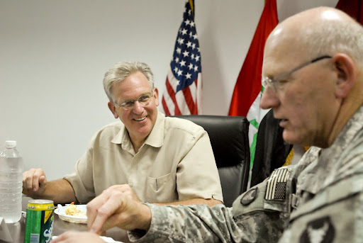 Missouri Gov. Jay Nixon is accompanied by Brig. Gen. Gerald Lang, deputy commanding general for support, Multi-National Division - South and resident of Sauk Rapids, Minn., during a visit with troops at Contingency Operating Base Basra, Iraq July 19. Nixon said he was impressed with the professionalism of the troops from his home state he was able to meet during this trip. (U.S. Army photo by Sgt. Frank
Vaughn)