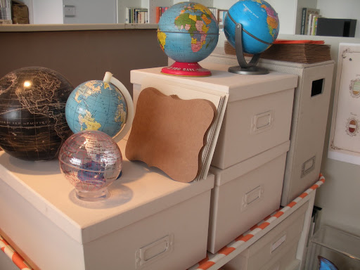 Another shot of my globe collection. I keep cards handy to write thank-you notes.