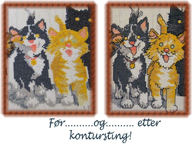 Two of the cats shown with or without backstitching. To av kattene vist med og uten kontursting.
