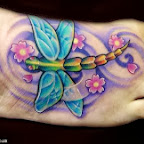 dragonfly wings and blue flowers - Foot Tattoos Designs