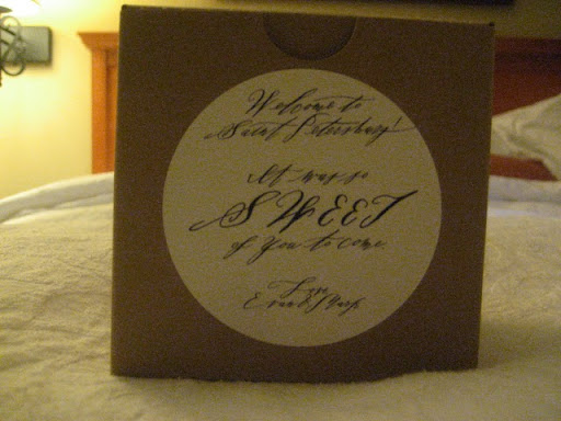 A recycled box greeted guests at their hotel rooms. A label greeted guests (